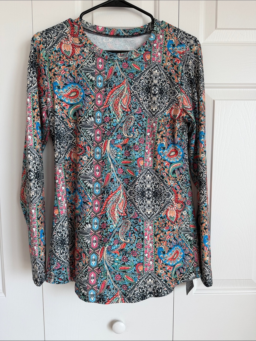 Paisley-Print Long Sleeve Tee in Teal, Pink & Black